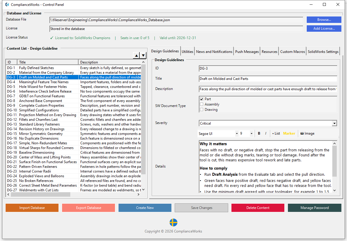 ComplianceWorks Control Panel with the design guidelines, license status and database file