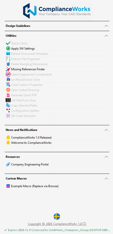 ComplianceWorks task pane inside SolidWorks